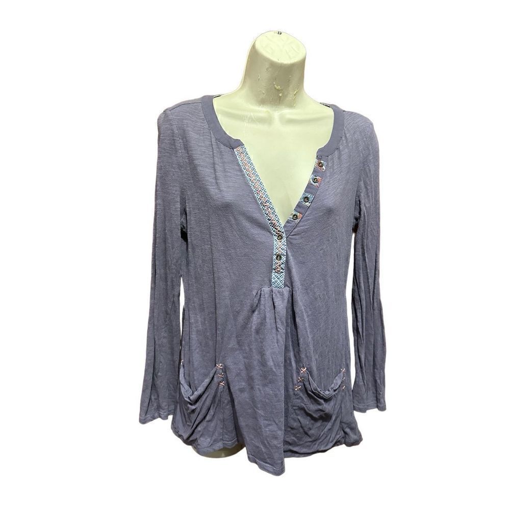 Anthropologie Little Yellow Button Calantha Henley Tunic Purple Deep V Size S